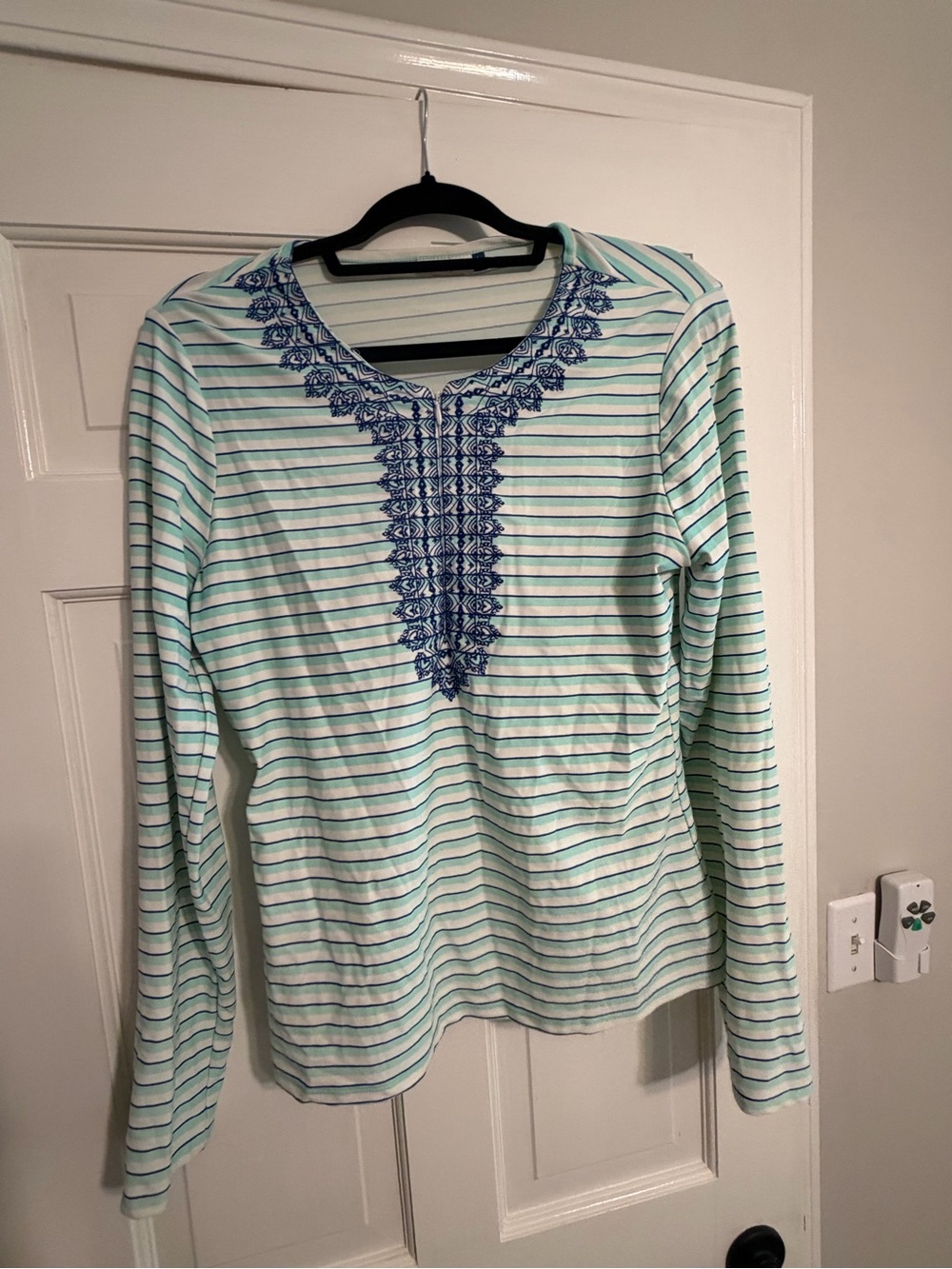 Cabana Life Mint & Navy Striped Embroidered V-Neck Swim Coverup